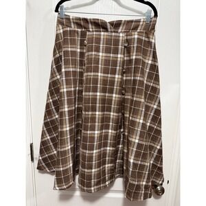 Belle Poque Plaid Button Front A Line Midi Skirt Brown White Women's L academia